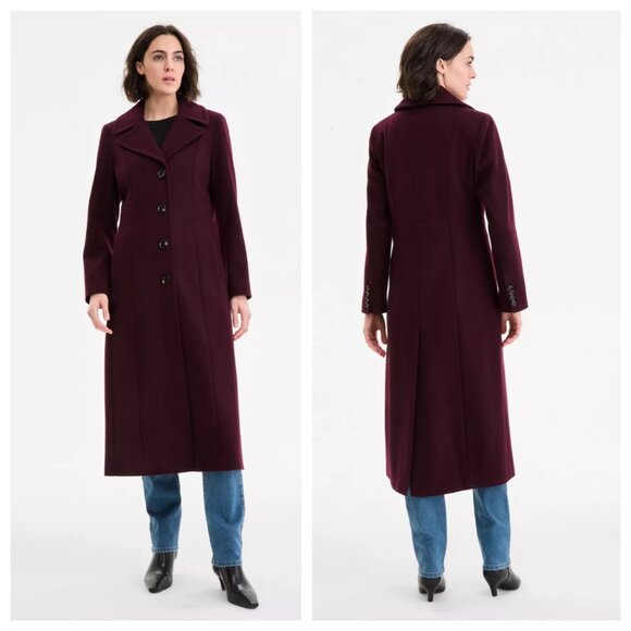Anne Klein Cashmere Blend Long Wool Coat Merlot - Picture 2 of 3